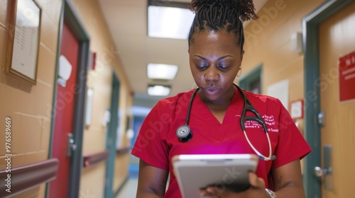 A nurse reviewing electronic medical records on a tablet.