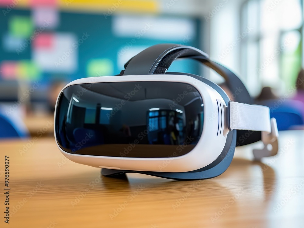 A detailed image of a virtual reality headset on a student desk, ready for use in an immersive learning experience during a classroom lesson A detailed image of a virtual reality headset on a student desk, ready for use in an immersive learning experience during a classroom lesson