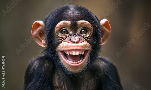 A close-up portrait of a baby chimpanzee with a big, toothy grin.