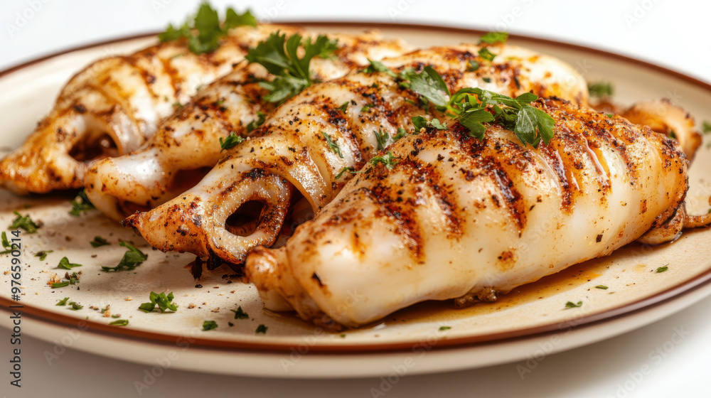 A mouthwatering plate of grilled squid tubes stuffed with fragrant herb and garlic butter, served with a side of roasted vegetables A mouthwatering plate of grilled squid tubes stuffed with fragrant herb and garlic butter, served with a side of roasted vegetables