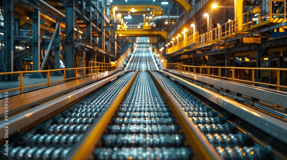 Conveyor belts in an industrial setting, transporting materials through heavy machinery, factory workers guiding the process Conveyor belts in an industrial setting, transporting materials through heavy machinery, factory workers guiding the process