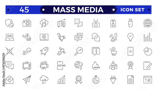 Set of Outline icons news, mass media, and fake news. Outline symbol collection. related to social networks, public media, journalism, communication, networking.