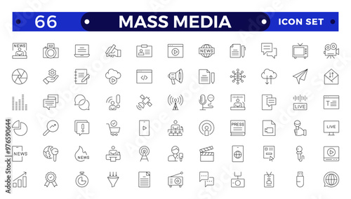 Set of Outline icons news, mass media, and fake news. Outline symbol collection. related to social networks, public media, journalism, communication, networking.