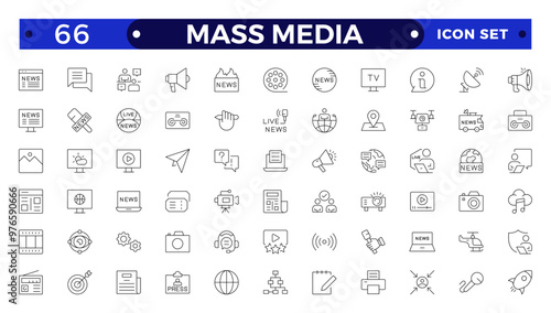 Set of Outline icons news, mass media, and fake news. Outline symbol collection. related to social networks, public media, journalism, communication, networking.