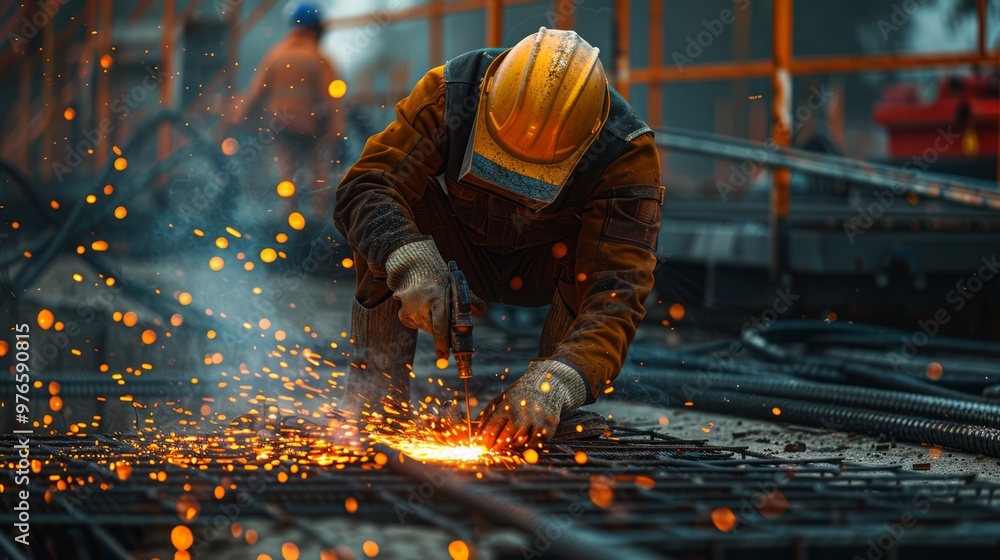 Construction worker welding steel, concrete floor, sparks flying Construction worker welding steel, concrete floor, sparks flying