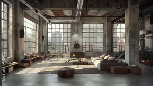 Contemporary industrial loft, with steel beams and exposed ventilation ducts, large windows, concrete floors, and minimalist furnishings, urban vibe