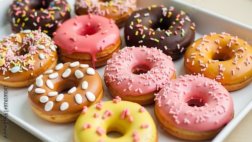 A tray of assorted donuts with colorful glazes_