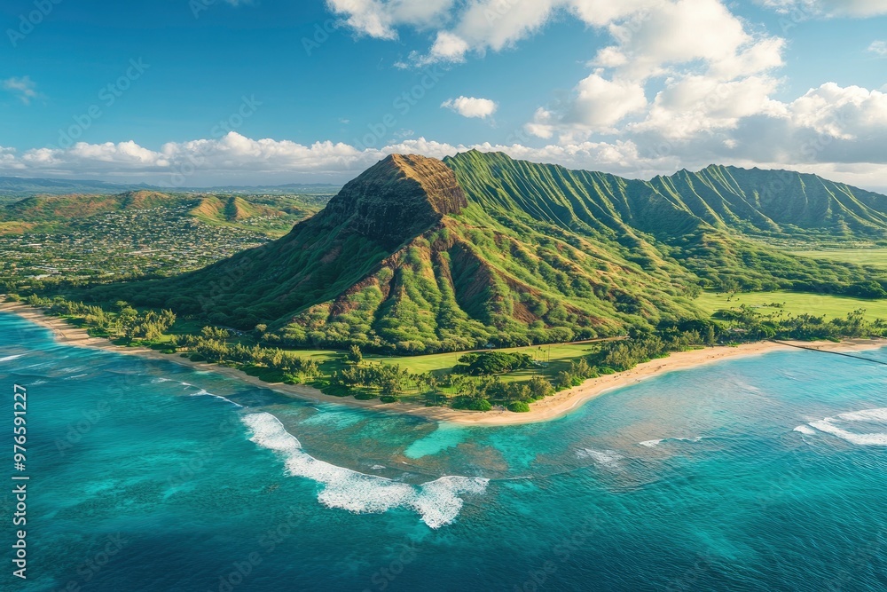 Naklejka premium Aerial view of Koko Head and mountain landscape overlooking ocean and beach, Hawaii, United States, ai