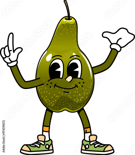 Cartoon groovy pear fruit character. Isolated vector cheerful anthropomorphic food personage with expressive eyes, smiling face and retro sneakers, exuding healthy hippie fun, and playful summer vibes