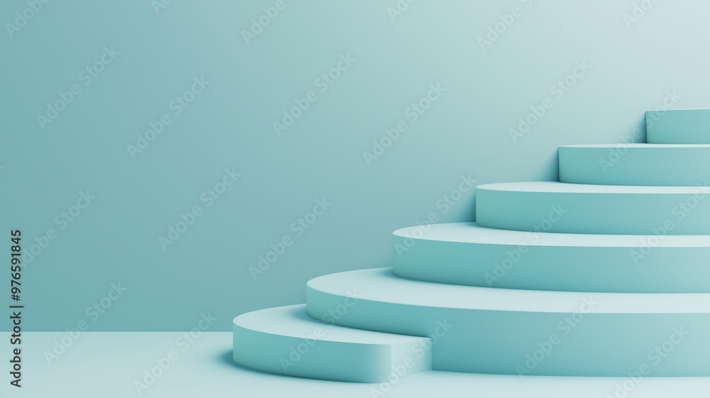 Minimalist pastel blue round steps in a clean modern design room. Simple and sleek architectural and interior design concept. Minimalist pastel blue round steps in a clean modern design room. Simple and sleek architectural and interior design concept.