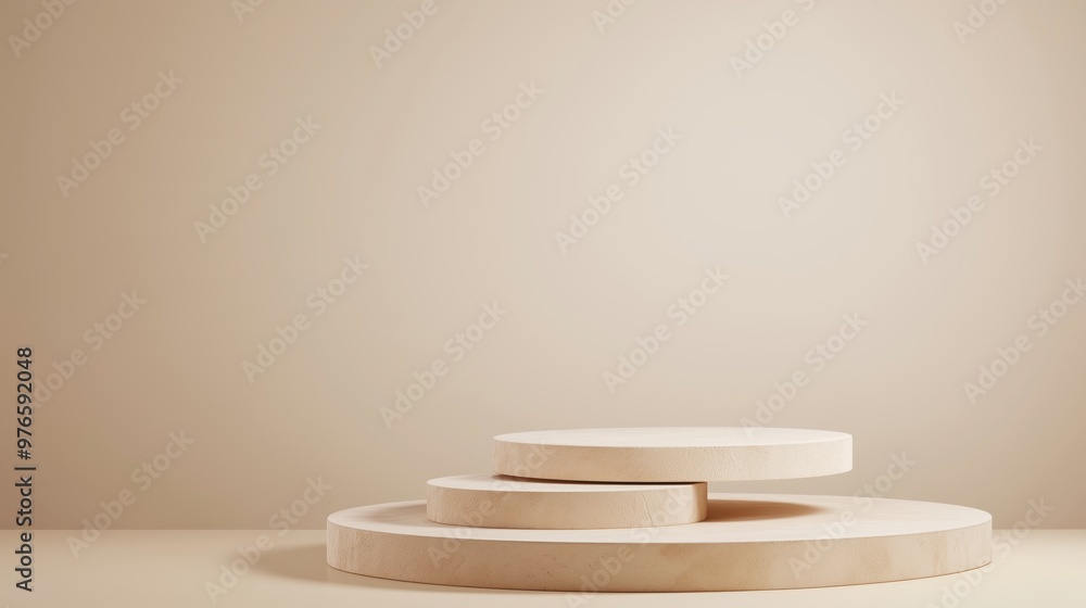 Minimalist beige wooden podium display with three elevated round platforms, perfect for showcasing products or design concepts. Minimalist beige wooden podium display with three elevated round platforms, perfect for showcasing products or design concepts.