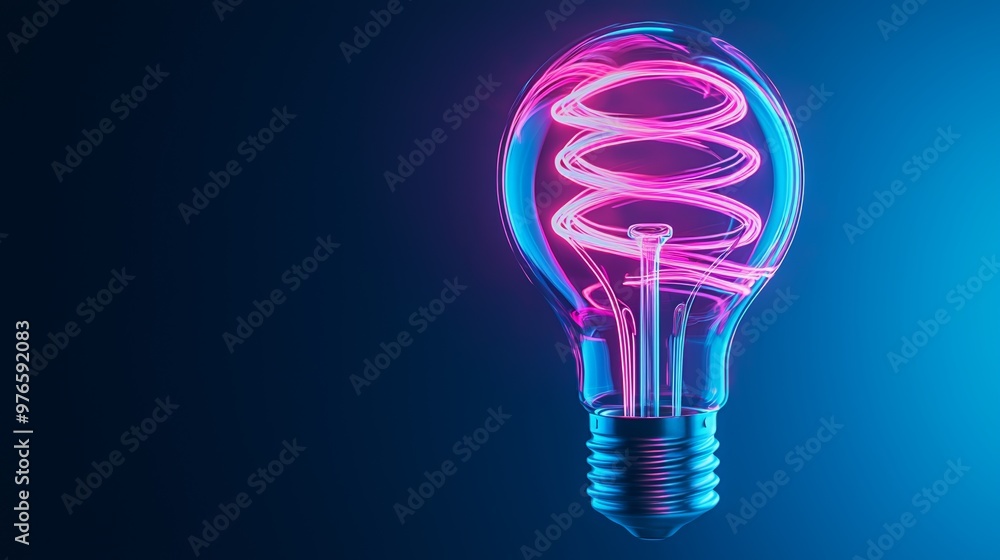 Neon light bulb with glowing spiral design against dark background. Concept of creative energy and futuristic ideas. Neon light bulb with glowing spiral design against dark background. Concept of creative energy and futuristic ideas.