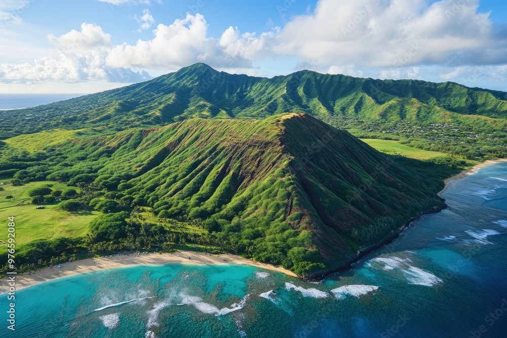 Fototapeta premium Aerial view of Koko Head and mountain landscape overlooking ocean and beach, Hawaii, United States , ai