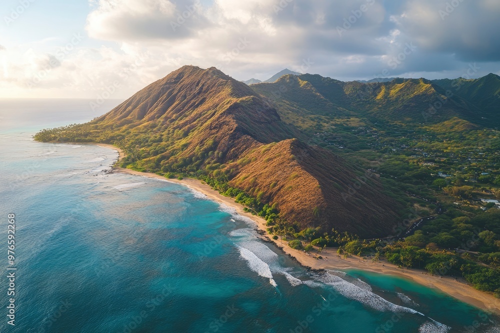 Fototapeta premium Aerial view of Koko Head and mountain landscape overlooking ocean and beach, Hawaii, United States , ai