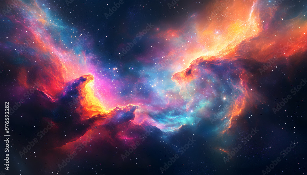 Naklejka premium A vibrant, colorful galaxy with swirling stars and nebulae, evoking a sense of cosmic wonder.