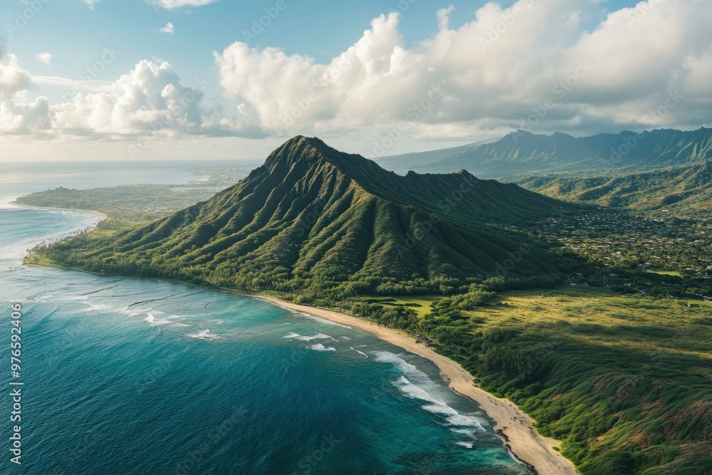 Naklejka premium Aerial view of Koko Head and mountain landscape overlooking ocean and beach, Hawaii, United States , ai