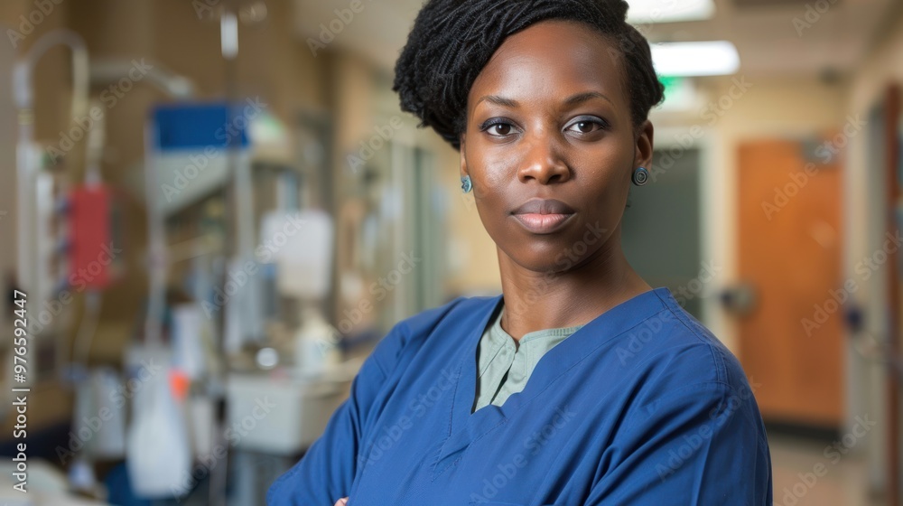 A black nurse in scrubs, standing confidently in a clinical setting. A black nurse in scrubs, standing confidently in a clinical setting.