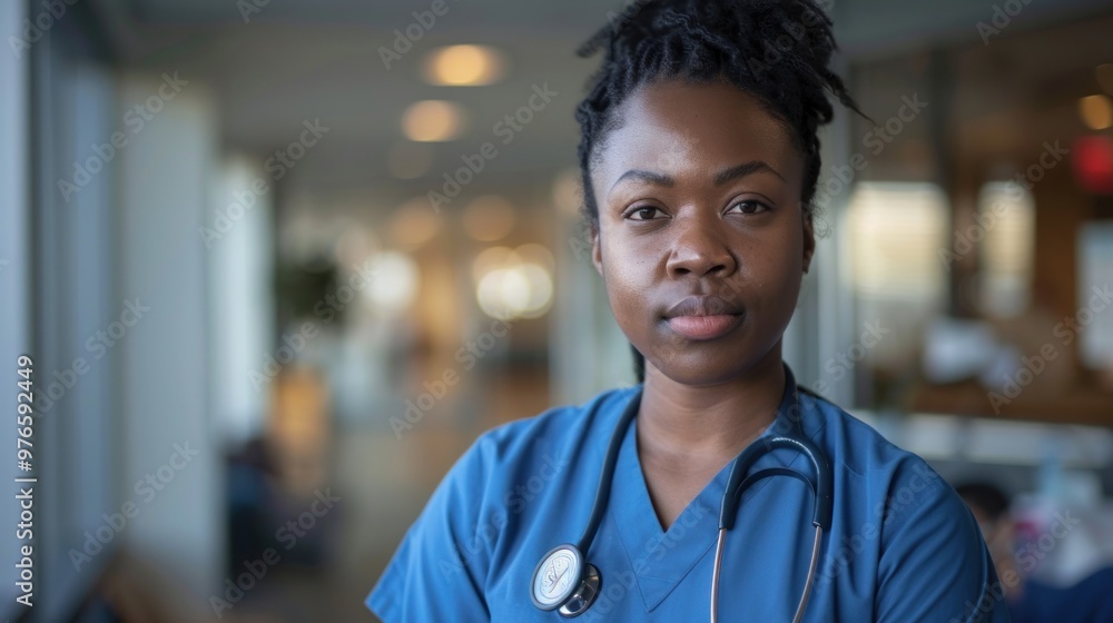 A black nurse in scrubs, standing confidently in a clinical setting. A black nurse in scrubs, standing confidently in a clinical setting.