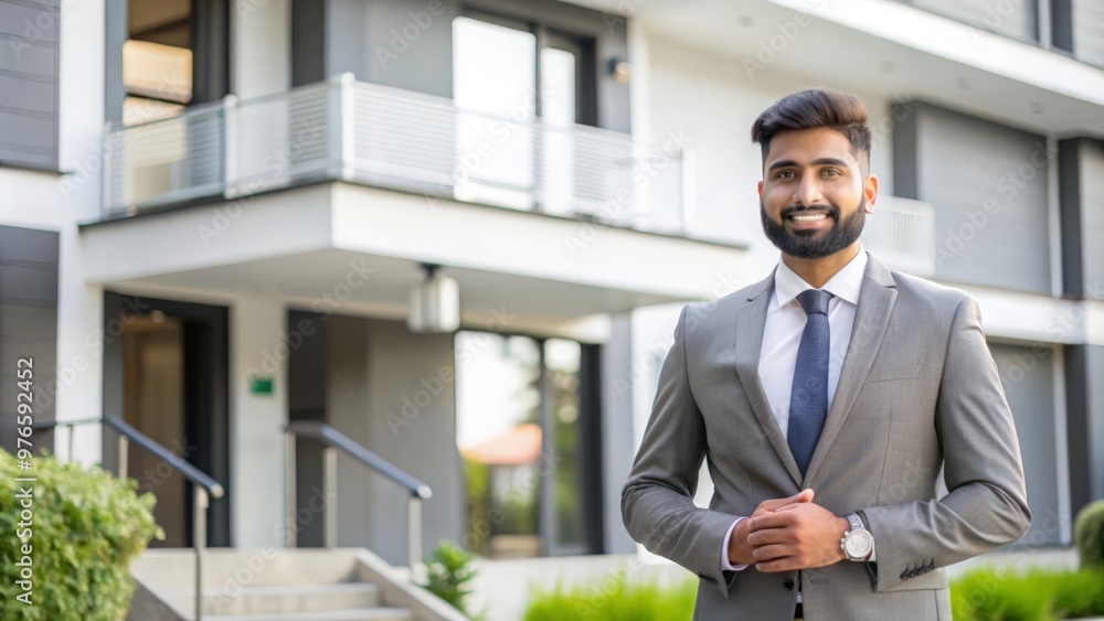 Friendly Indian Realtor Standing by Modern Property for Sale
Friendly Indian Realtor Standing by Modern Property for Sale