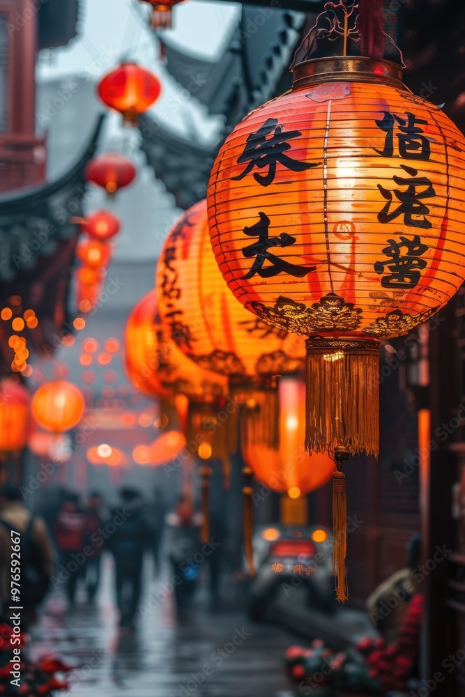 Naklejka premium Chinese ancient architecture. Hanging red lanterns