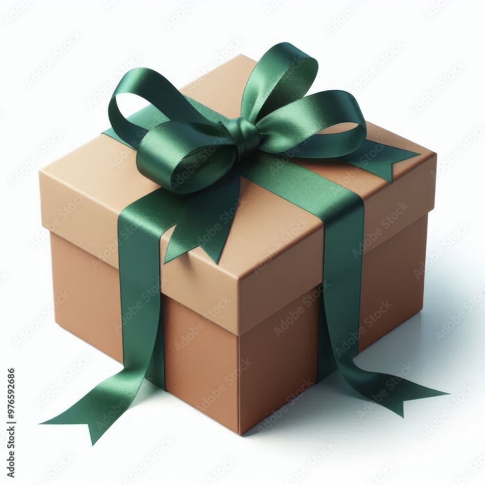Isolated brown gift box tied with a green ribbon on white backdrop Isolated brown gift box tied with a green ribbon on white backdrop