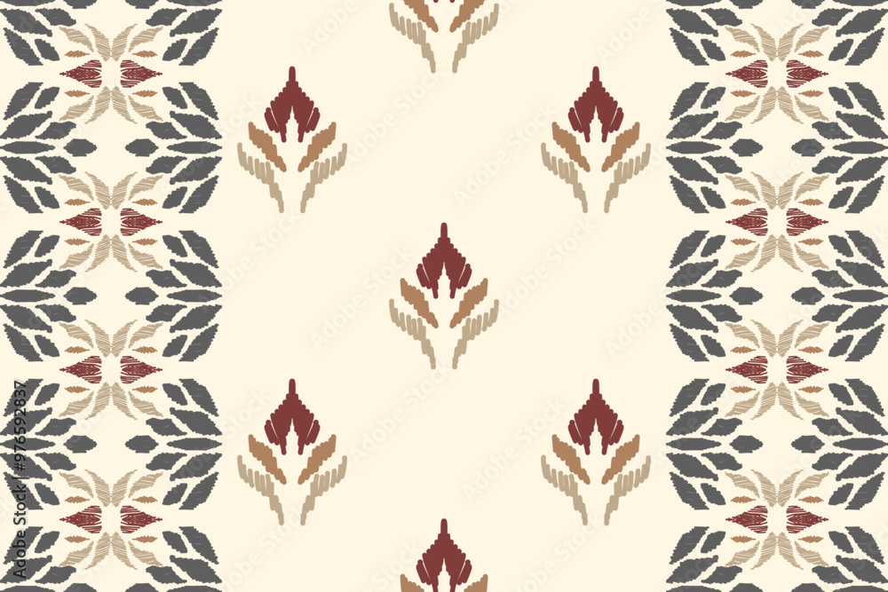Embroidered Ikat flower pattern on a light yellow background. Traditional ethnic ikat, Aztec abstract vector pattern, seamless pattern in tribal, folk embroidery and Mexican style. Embroidered Ikat flower pattern on a light yellow background. Traditional ethnic ikat, Aztec abstract vector pattern, seamless pattern in tribal, folk embroidery and Mexican style.