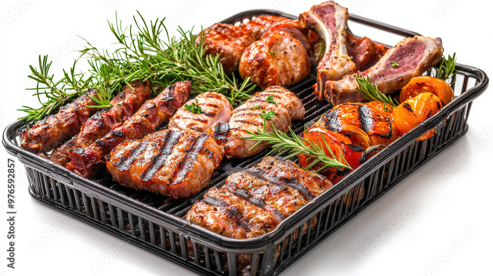 Grilled pork and assorted meats showcase delicious array of flavors, beautifully arranged with fresh herbs. This vibrant platter is perfect for any barbecue gathering Grilled pork and assorted meats showcase delicious array of flavors, beautifully arranged with fresh herbs. This vibrant platter is perfect for any barbecue gathering