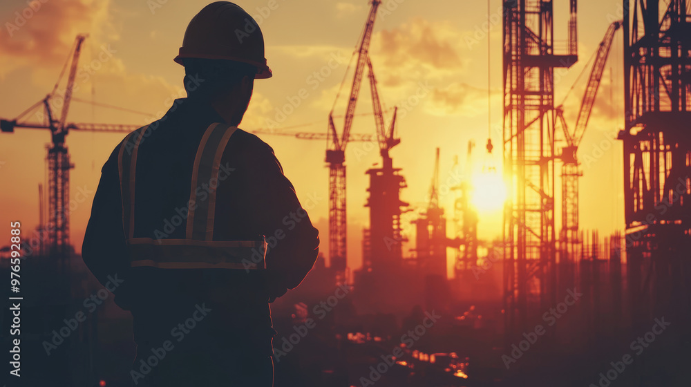 A silhouette of an engineer standing against sunset lit construction site, surrounded by cranes and industrial structures, evokes sense of determination and ambition A silhouette of an engineer standing against sunset lit construction site, surrounded by cranes and industrial structures, evokes sense of determination and ambition
