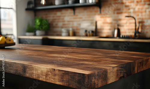 Rustic wooden countertop in a modern kitchen with a blurred background.