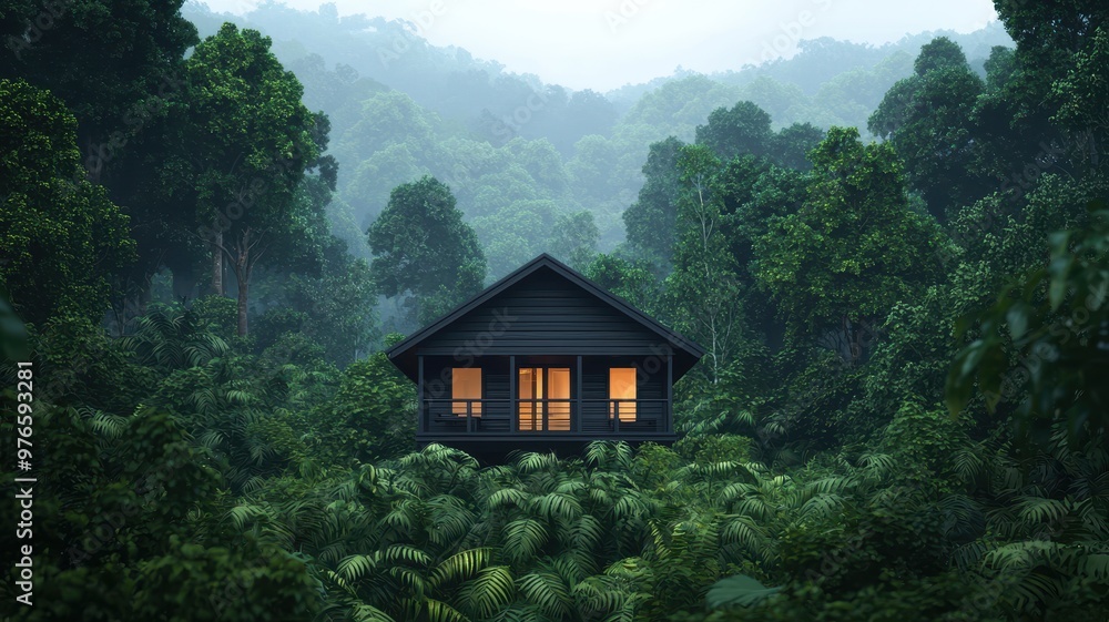 A serene black house nestled in a lush green forest, surrounded by vibrant foliage and misty mountains, perfect for nature lovers. A serene black house nestled in a lush green forest, surrounded by vibrant foliage and misty mountains, perfect for nature lovers.