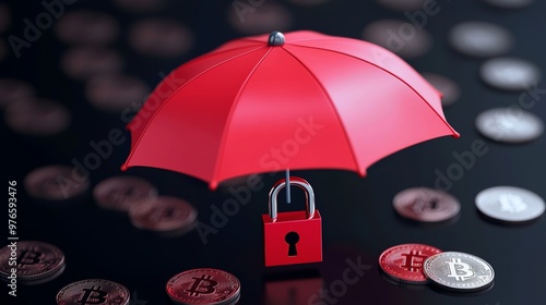 Wallpaper Mural Red umbrella protecting cryptocurrency coins with a lock symbolizing digital security. Concept of cryptocurrency safety and financial protection. Torontodigital.ca