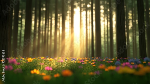 Serene forest scene with colorful flowers basking in warm sunlight filtering through tall trees.