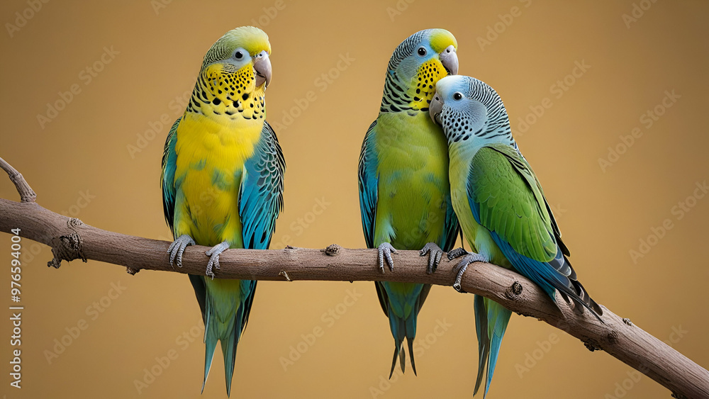 Obraz premium green and blue parakeets sitting on a branch looking at each other with a brown background,