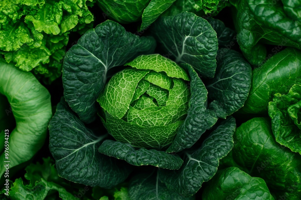 Fototapeta premium A cinematicstyle photograph of a green vegetable with intricate ridges and a matte surface surrounded by vegetables in shades of emerald olive and lime green The vegetables are densely arranged creati