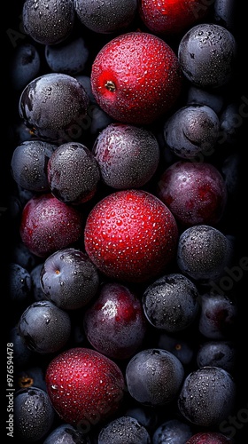 A cinematicstyle photograph of a matte red fruit with natural folds combined with fruits in shades of burgundy crimson and terracotta The fruits are tightly packed in a dense compact cluster with mini photo