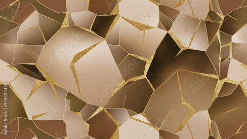 Modern seamless pattern design inspired by Japanese kintsugi, gold accents on fractured shapes