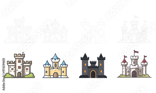 Cartoon fairy tale castle tower icon set
