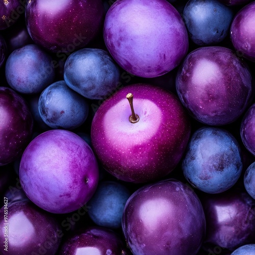 A cinematicstyle photograph of a purple fruit with a glossy smooth surface combined with fruits in shades of deep plum violet and mauve The fruits are tightly packed forming a luxurious rich arrangeme photo