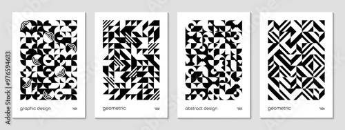 Monochrome abstract geometric poster templates featuring black and white pattern of shapes and lines, creating a modern and artistic aesthetic. Vector vertical cards or layouts with contemporary art