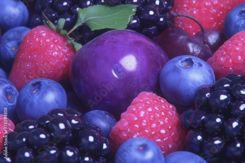 A cinematicstyle photograph of a purple fruit with a glossy smooth surface combined with fruits in shades of deep plum violet and mauve The fruits are tightly packed forming a luxurious rich arrangeme photo