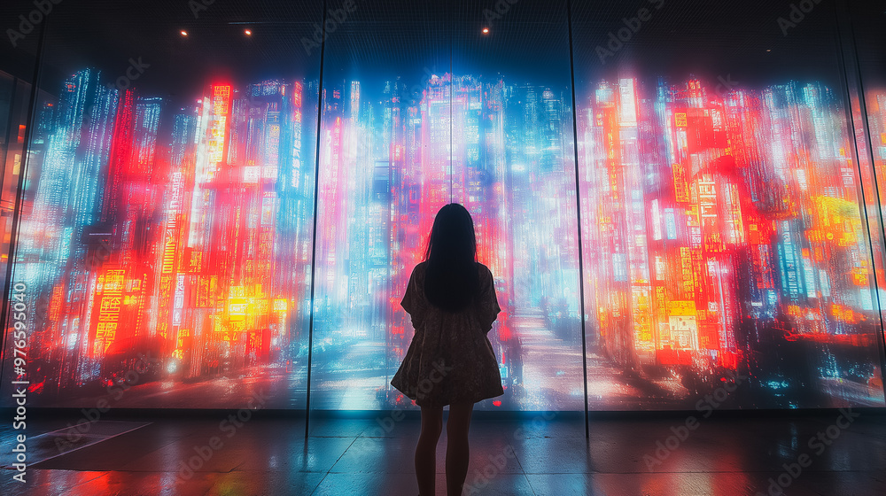 A woman stands in front of a large screen with a cityscape on it. The colors are bright and the woman is looking at the screen with interest. Scene is one of curiosity and wonder A woman stands in front of a large screen with a cityscape on it. The colors are bright and the woman is looking at the screen with interest. Scene is one of curiosity and wonder