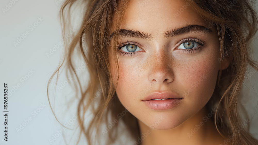 A woman with long brown hair and blue eyes. She has a light pink lip color. Concept of beauty and confidence A woman with long brown hair and blue eyes. She has a light pink lip color. Concept of beauty and confidence
