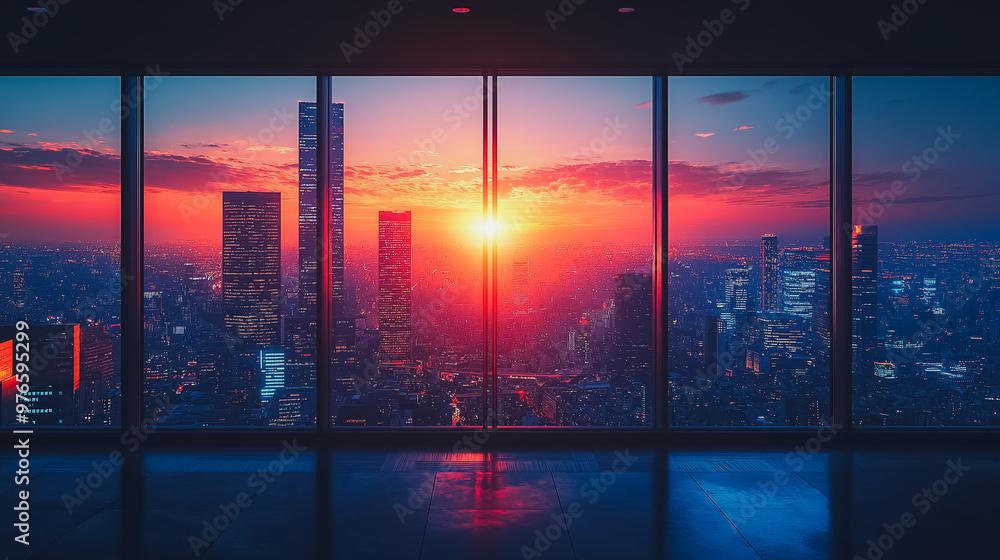 Fototapeta premium A city skyline with a beautiful sunset in the background. The sky is filled with a warm orange glow, and the buildings are illuminated by the sun. The scene is peaceful and serene