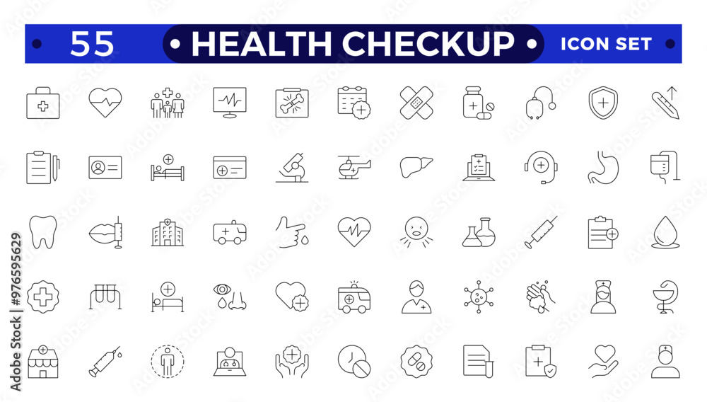Health checkup line icon set with health care, institution, patient, science, medical equipment, general and emergency department. Medical care patient diagnosis icon collection. Health checkup line icon set with health care, institution, patient, science, medical equipment, general and emergency department. Medical care patient diagnosis icon collection.