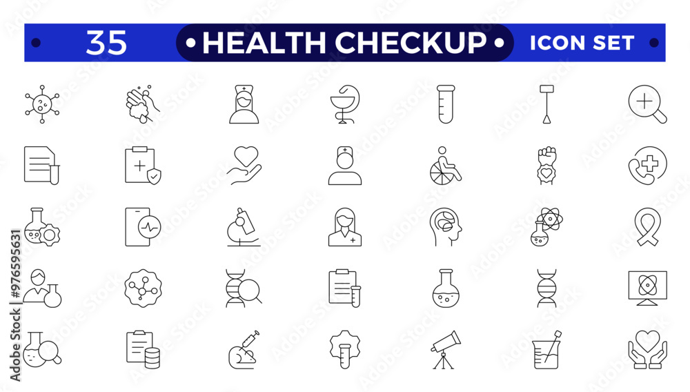 Health checkup line icon set with health care, institution, patient, science, medical equipment, general and emergency department. Medical care patient diagnosis icon collection. Health checkup line icon set with health care, institution, patient, science, medical equipment, general and emergency department. Medical care patient diagnosis icon collection.