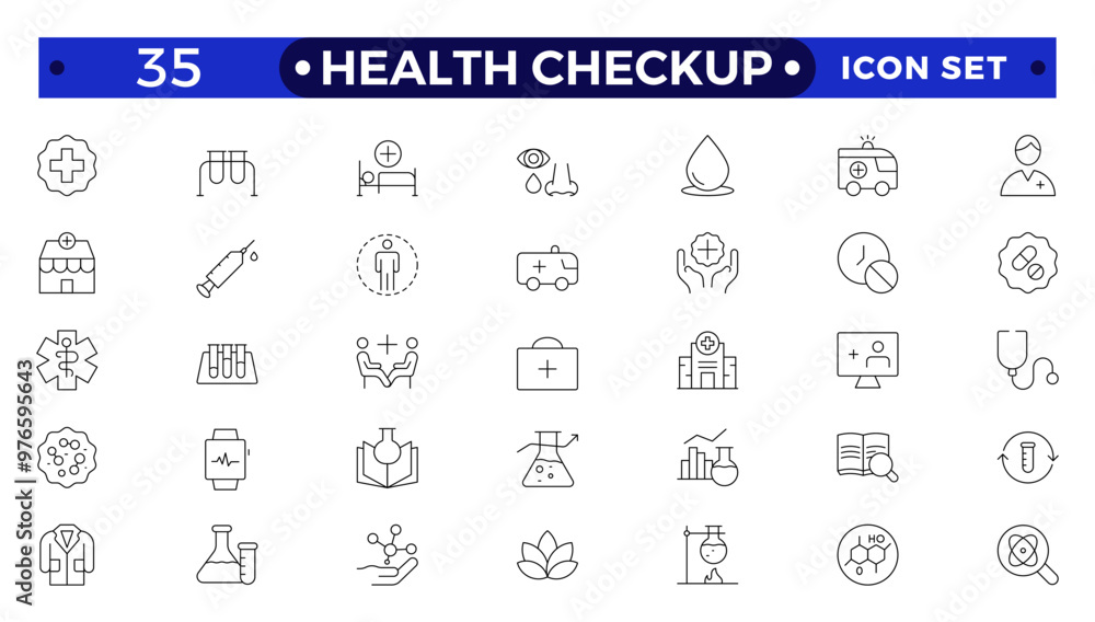 Health checkup line icon set with health care, institution, patient, science, medical equipment, general and emergency department. Medical care patient diagnosis icon collection. Health checkup line icon set with health care, institution, patient, science, medical equipment, general and emergency department. Medical care patient diagnosis icon collection.
