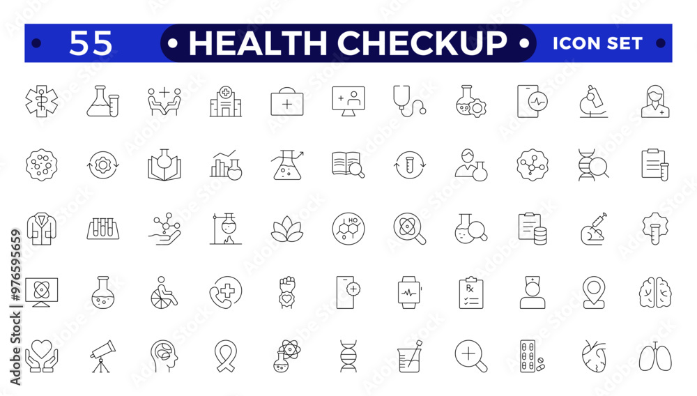 Health checkup line icon set with health care, institution, patient, science, medical equipment, general and emergency department. Medical care patient diagnosis icon collection. Health checkup line icon set with health care, institution, patient, science, medical equipment, general and emergency department. Medical care patient diagnosis icon collection.