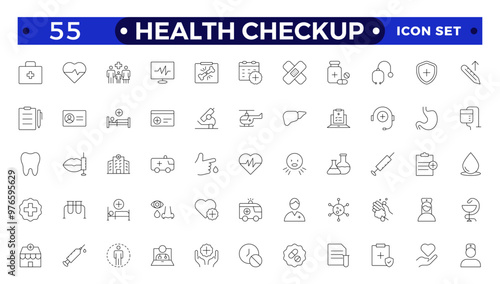Health checkup line icon set with health care, institution, patient, science, medical equipment, general and emergency department. Medical care patient diagnosis icon collection.