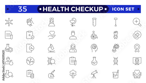 Health checkup line icon set with health care, institution, patient, science, medical equipment, general and emergency department. Medical care patient diagnosis icon collection.