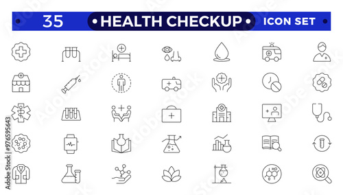 Health checkup line icon set with health care, institution, patient, science, medical equipment, general and emergency department. Medical care patient diagnosis icon collection.